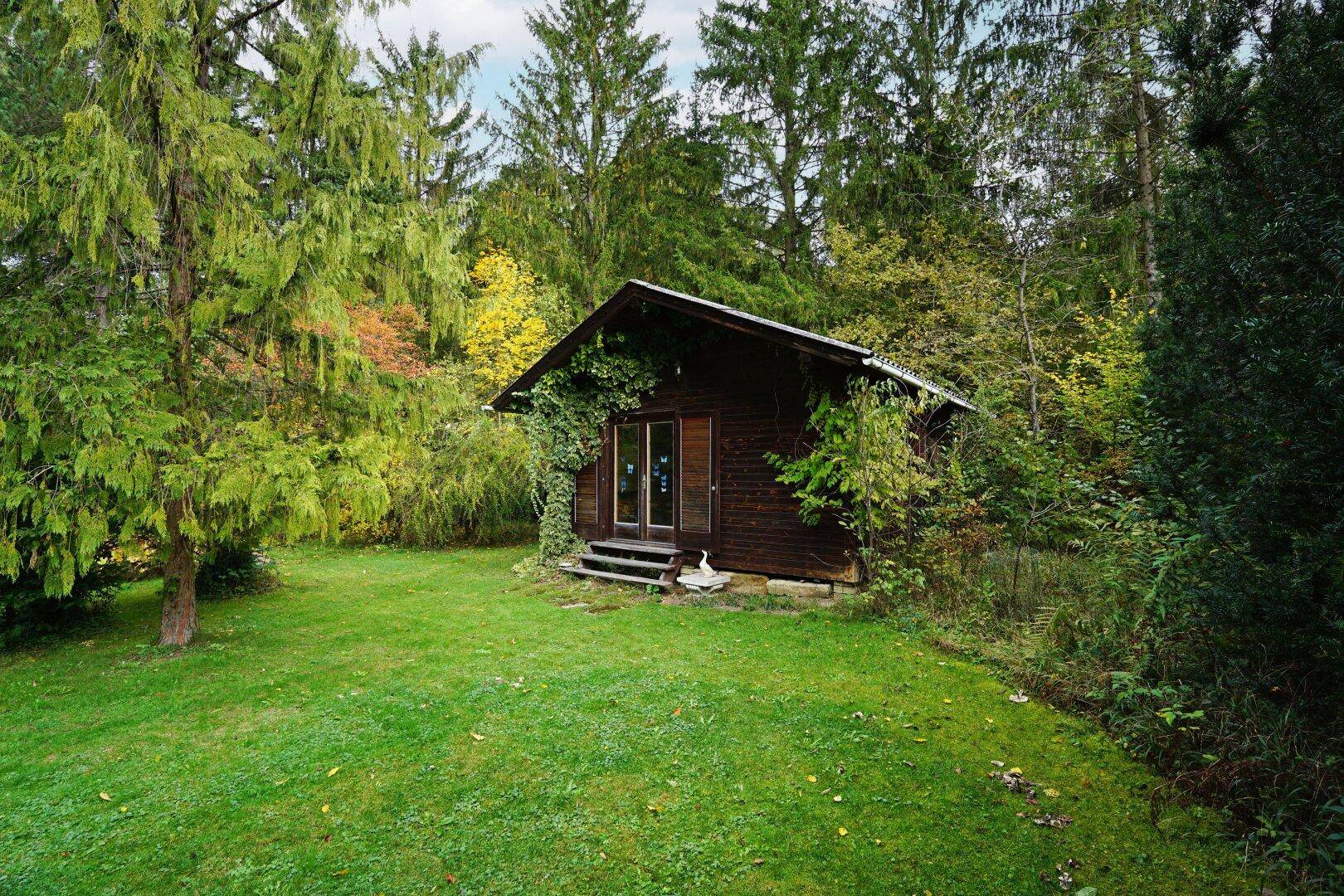Rustikale Holzhütte mit Rasenfläche davor, eingebettet in die grüne Umgebung.