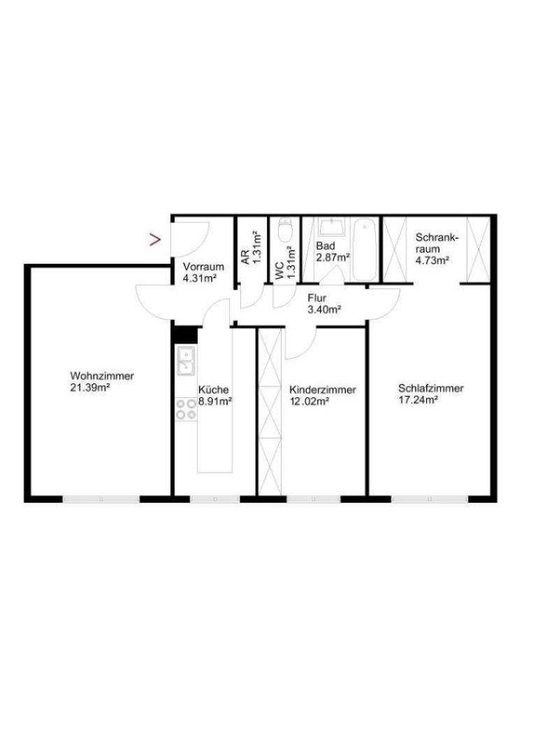 Übersichtlicher Grundriss einer Wohnung mit Wohnzimmer, Küche, drei Schlafzimmern und zwei Bädern.