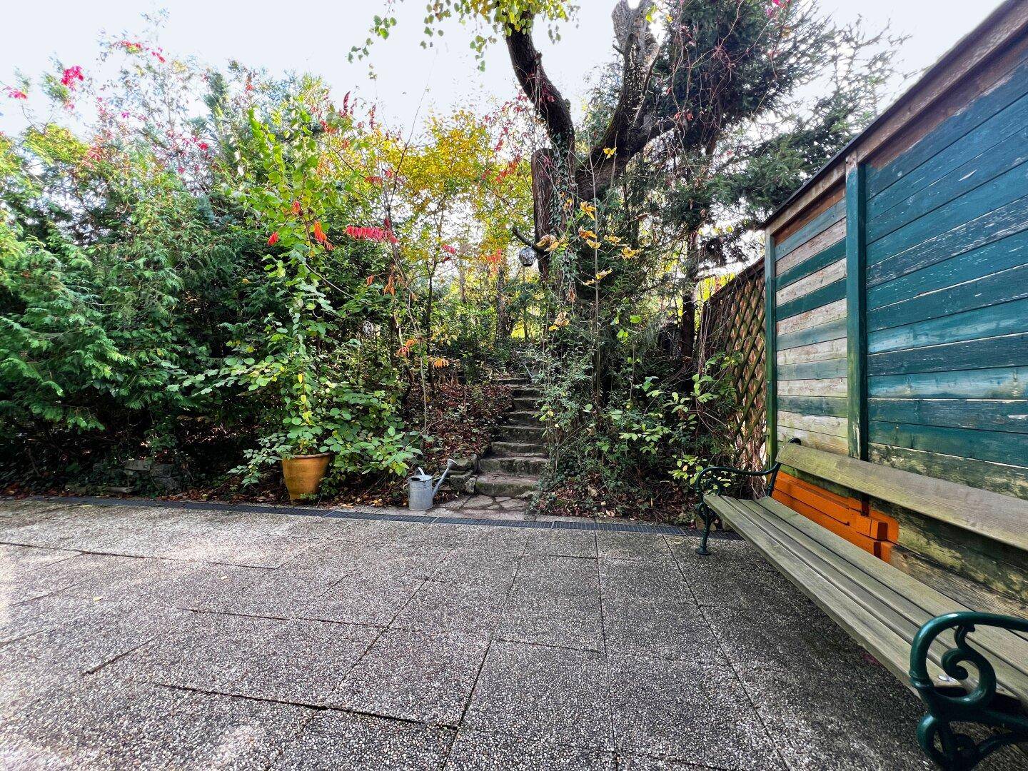 Gartenbereich mit gepflastertem Weg, Steinstufen und einer Holzbank, umgeben von dichter Bepflanzung.