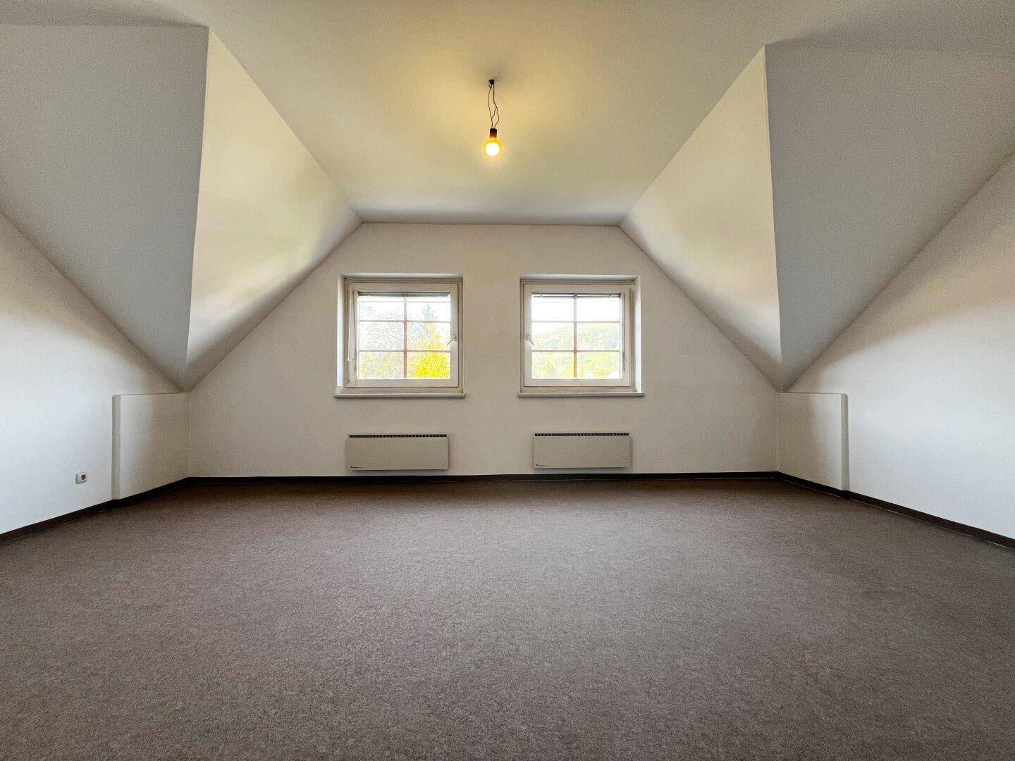 Geräumiges Dachzimmer mit schrägen Wänden, Teppichboden und zwei Fenstern.