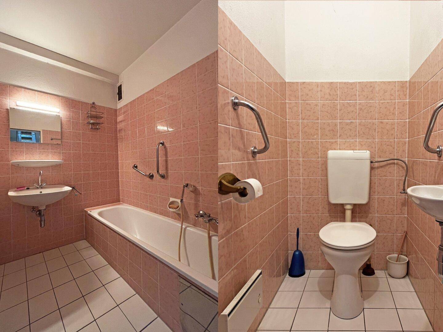 Badezimmer im Stil der 80er Jahre mit rosa Fliesen, Badewanne, WC und Waschbecken.