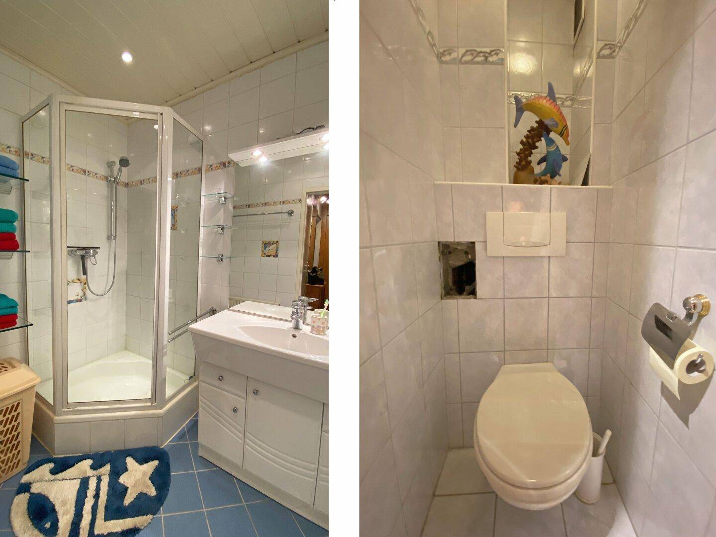 Badezimmer mit Duschkabine und separatem WC, beide mit blauen Fliesen und funktionaler Ausstattung.