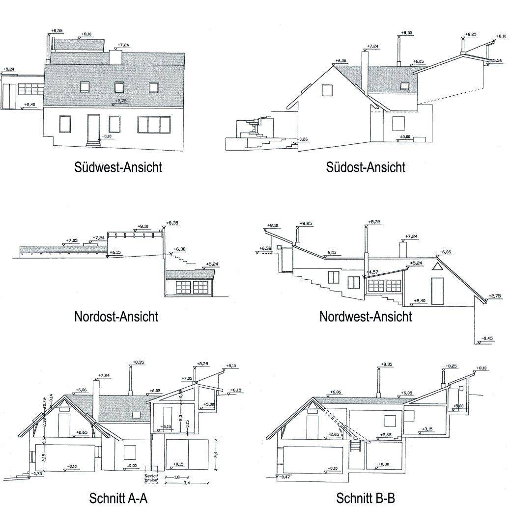 Architektonische Ansichten und Schnitte des Gebäudes aus verschiedenen Perspektiven.