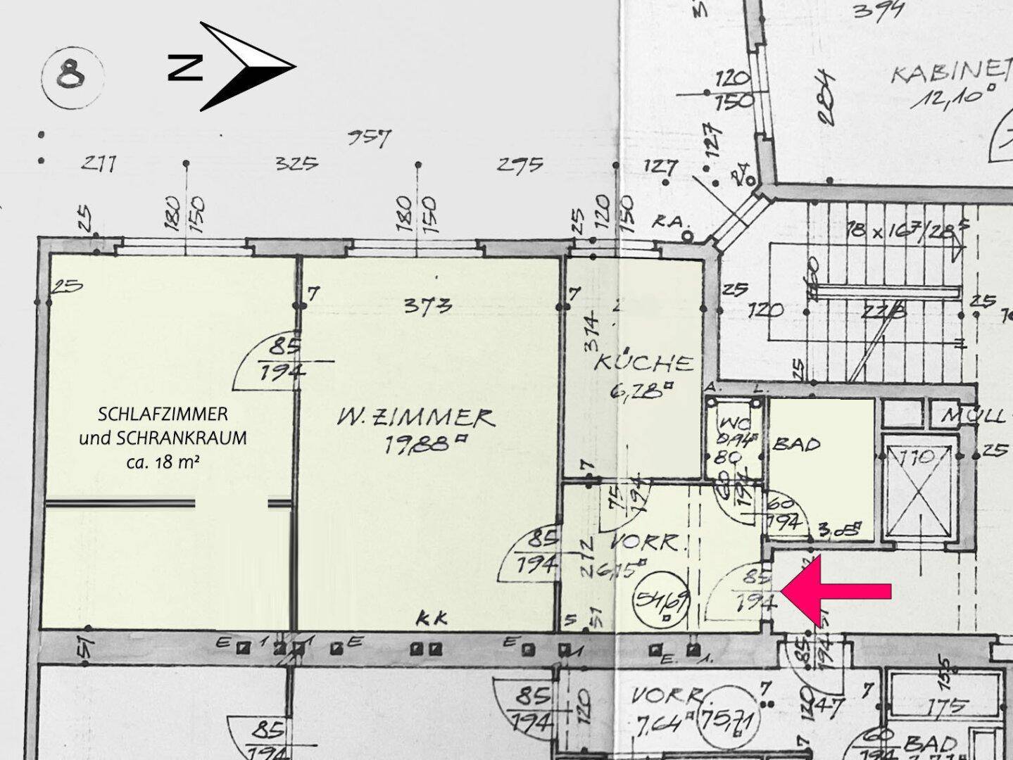 Grundriss der Wohnung mit Schlafzimmer, Wohnzimmer, Küche, Bad und separatem WC.