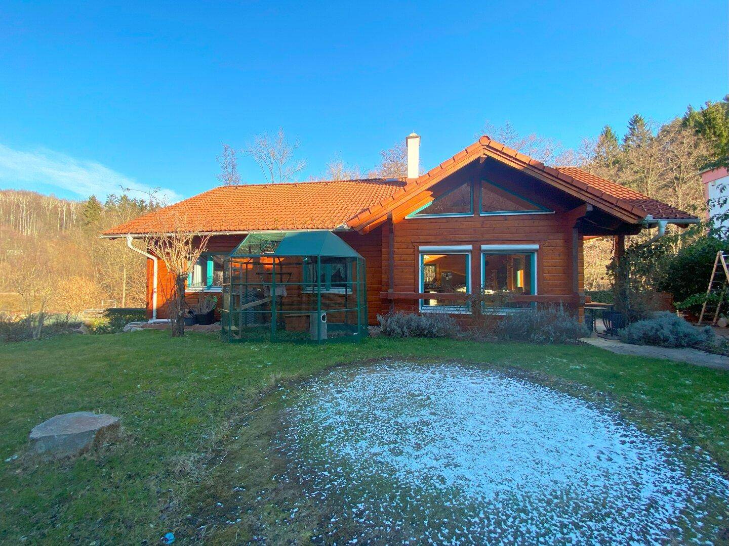 Großer, gepflegter Gartenbereich vor dem Holzhaus mit Rasenfläche und Sträuchern.