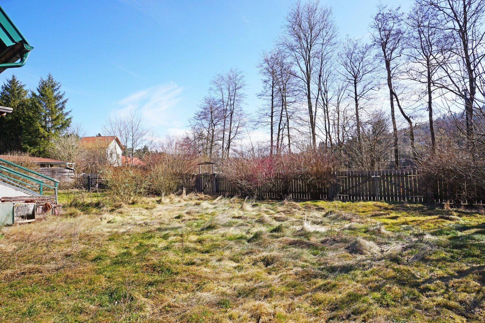 Großer, naturbelassener Gartenbereich mit altem Baumbestand und Holzzaun im ländlichen Umfeld der Immobilie.