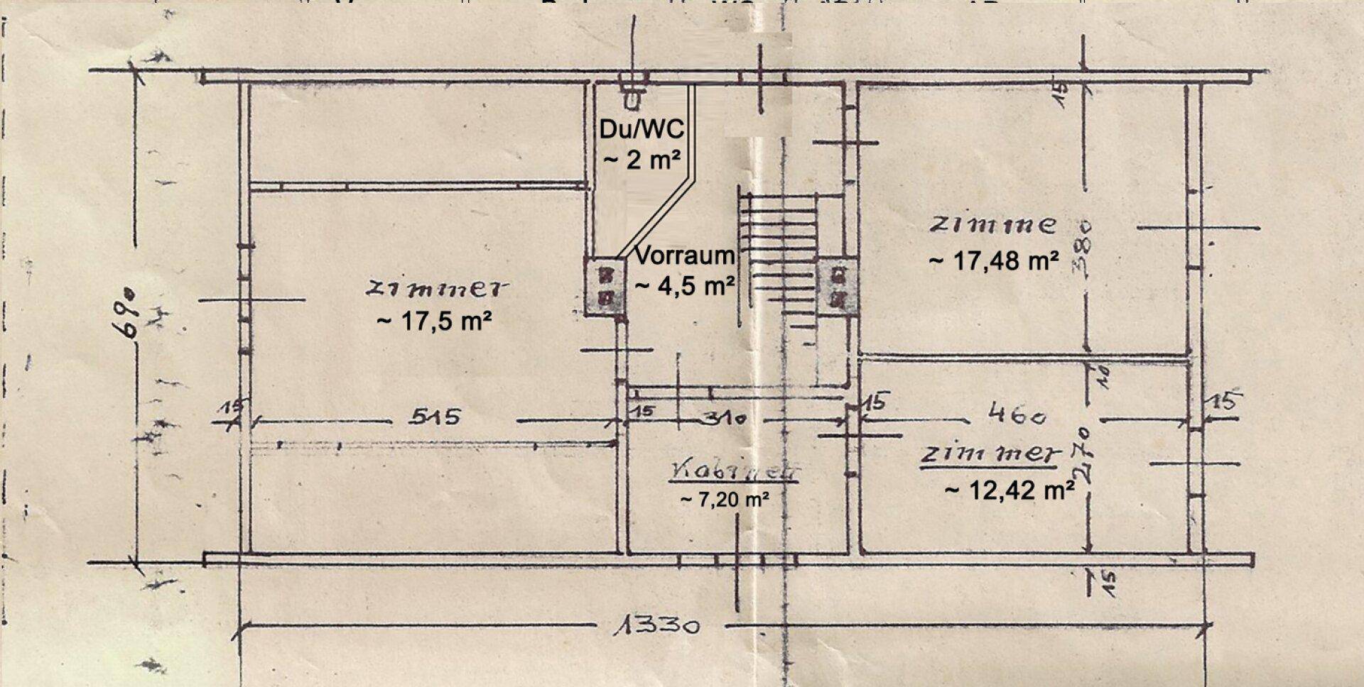 Grundriss des Obergeschosses mit Vorraum, Bad/WC und mehreren Zimmern, inklusive einem Kabinett.