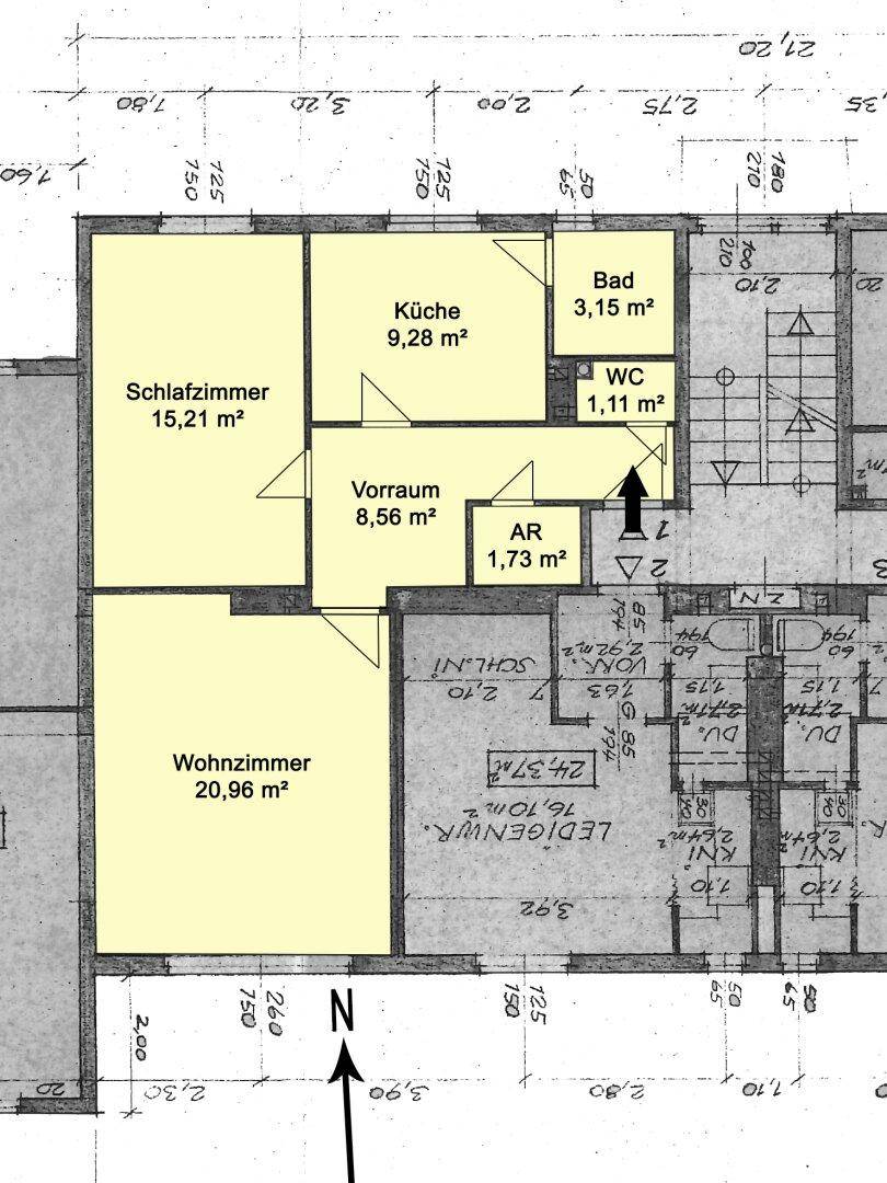 Grundriss der Wohnung mit Schlafzimmer, Küche, Bad, WC und Wohnzimmer.