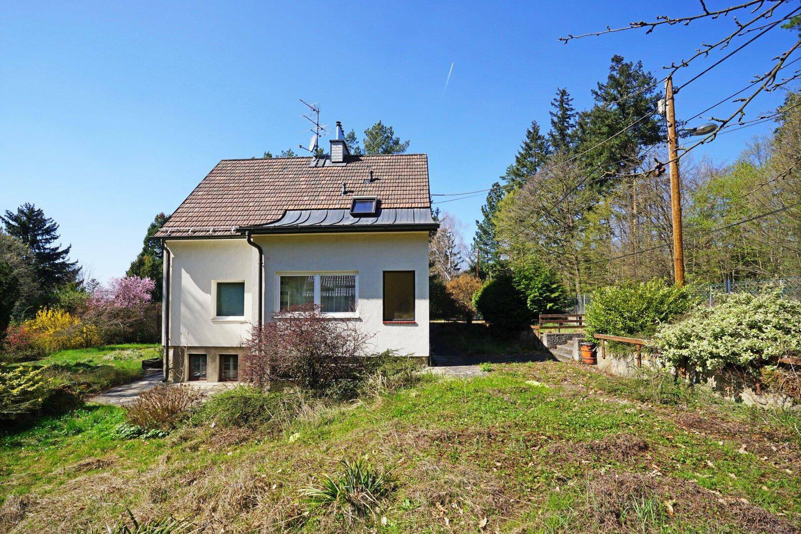 Hausansicht von der Gartenseite mit Rasenfläche und umgebenden Bäumen an einem sonnigen Tag.