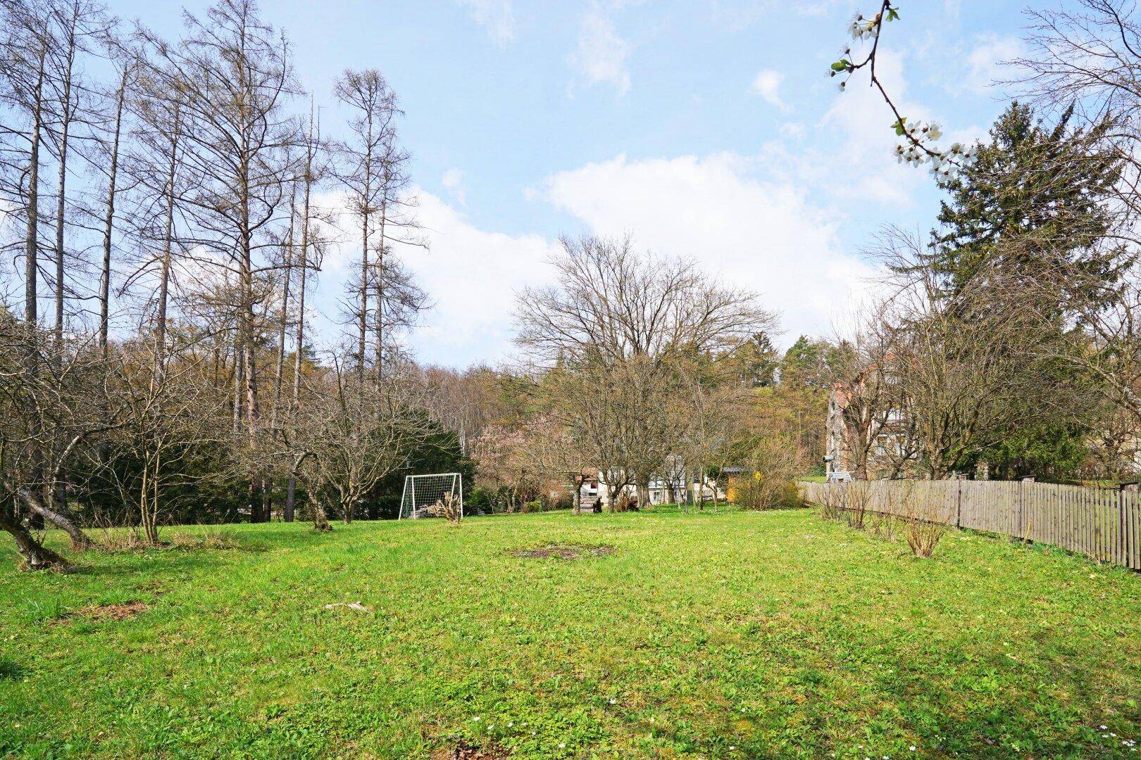 Große, offene Rasenfläche im Garten mit Schaukel und Blick auf die umliegende Landschaft.