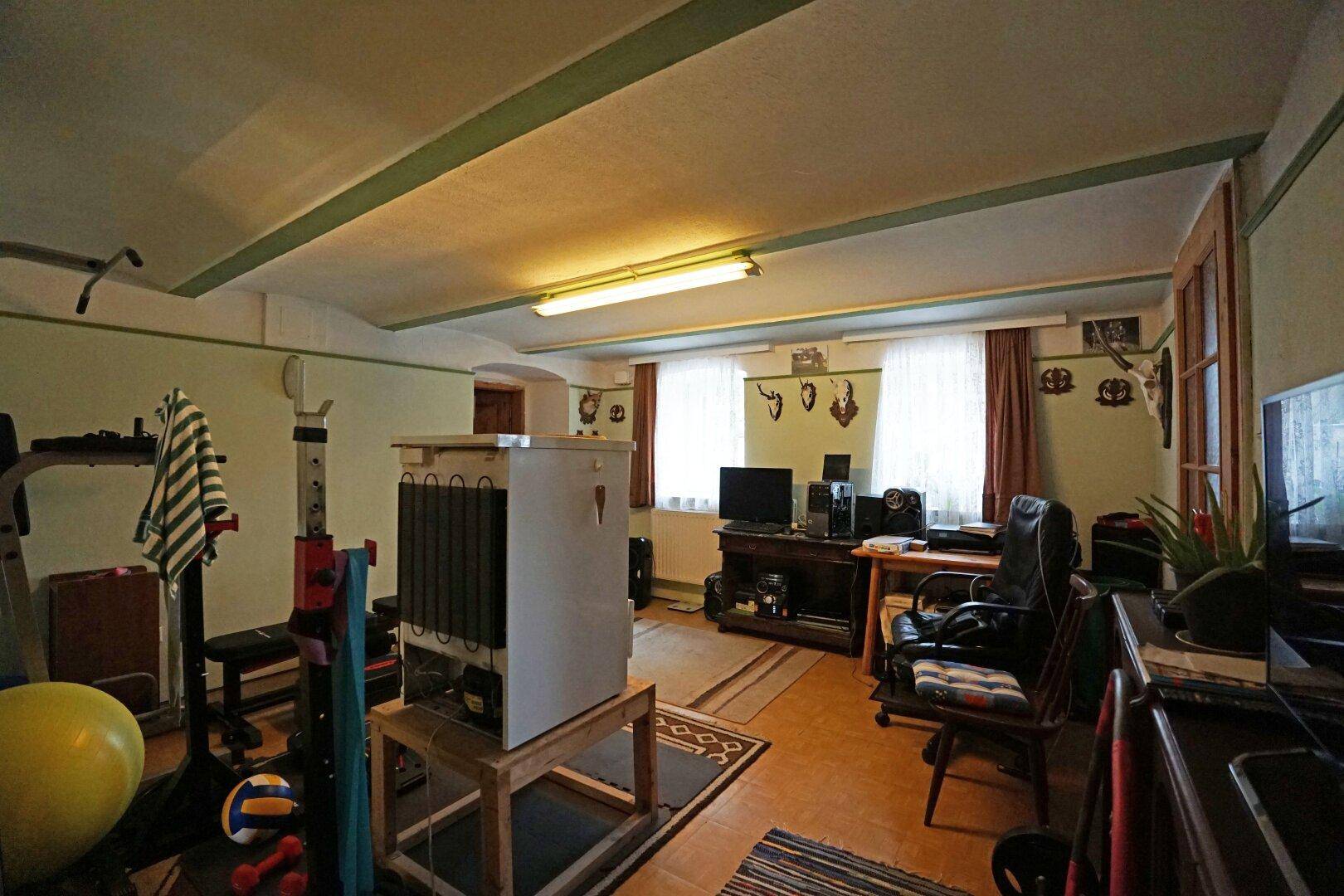 Funktionaler Kellerraum mit Fitnessgeräten, Arbeitsbereich und Stauraum.