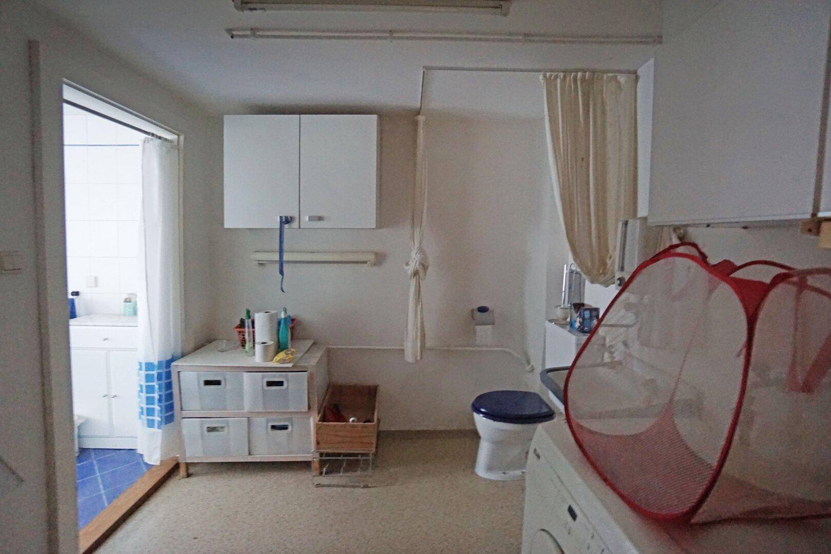 Praktischer Hauswirtschaftsraum mit Waschmaschine, Toilette und Stauraum.