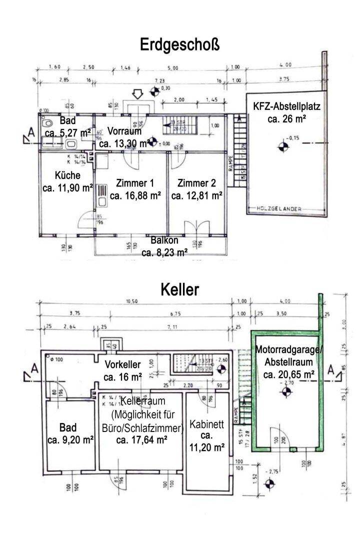 Grundriss des Erdgeschosses und Kellers mit Raumaufteilung und Flächenangaben.