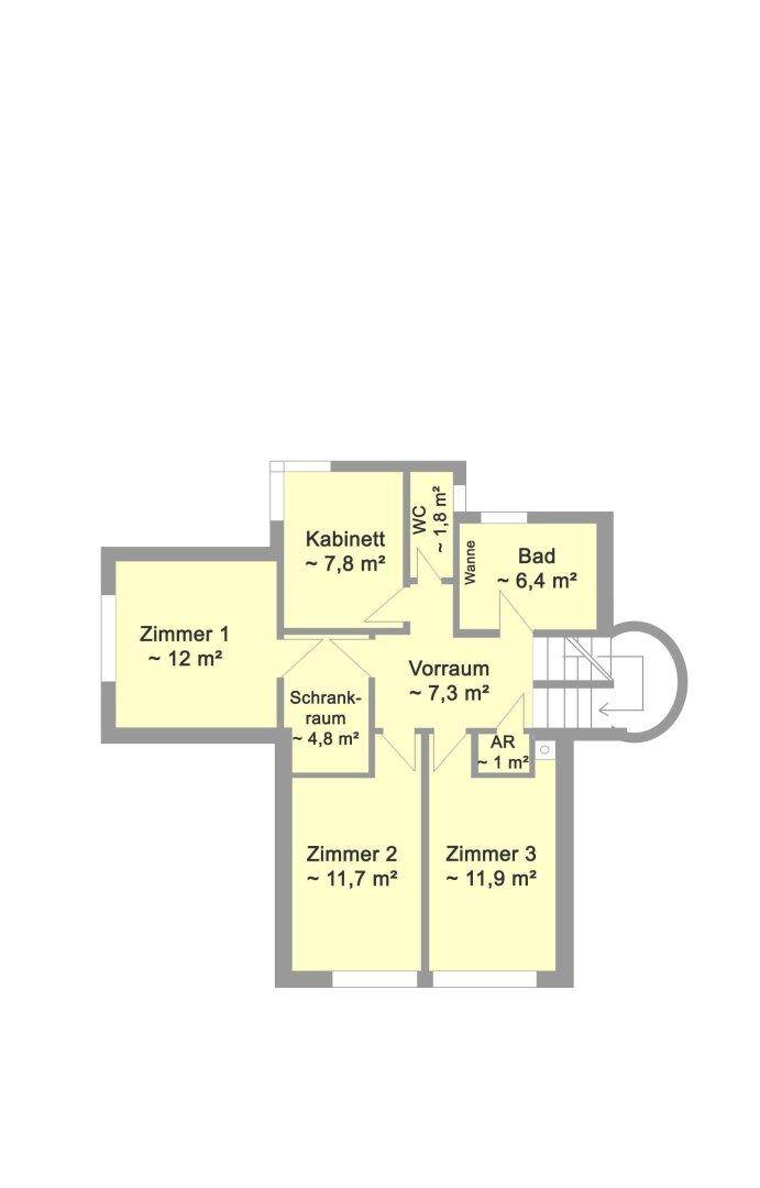 Grundriss des Obergeschosses mit drei Schlafzimmern, einem Büro, Bad, separatem WC und begehbarem Kleiderschrank.