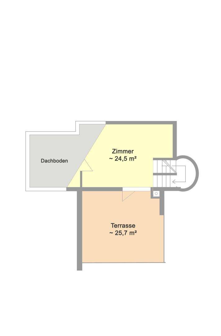 Grundriss des Dachgeschosses mit einem Zimmer, Dachboden und großer Dachterrasse.