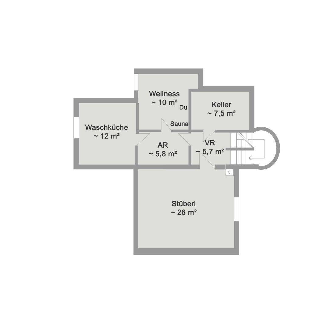 Grundriss des Kellergeschosses mit Wellnessbereich, Sauna, Waschküche, Keller und gemütlichem Stüberl.