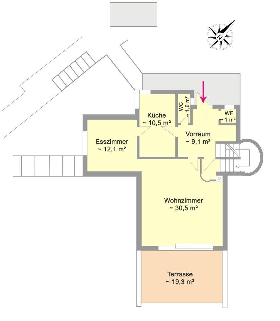 Grundriss des Erdgeschosses mit Küche, Esszimmer, Wohnzimmer, separatem WC und großer Terrasse.