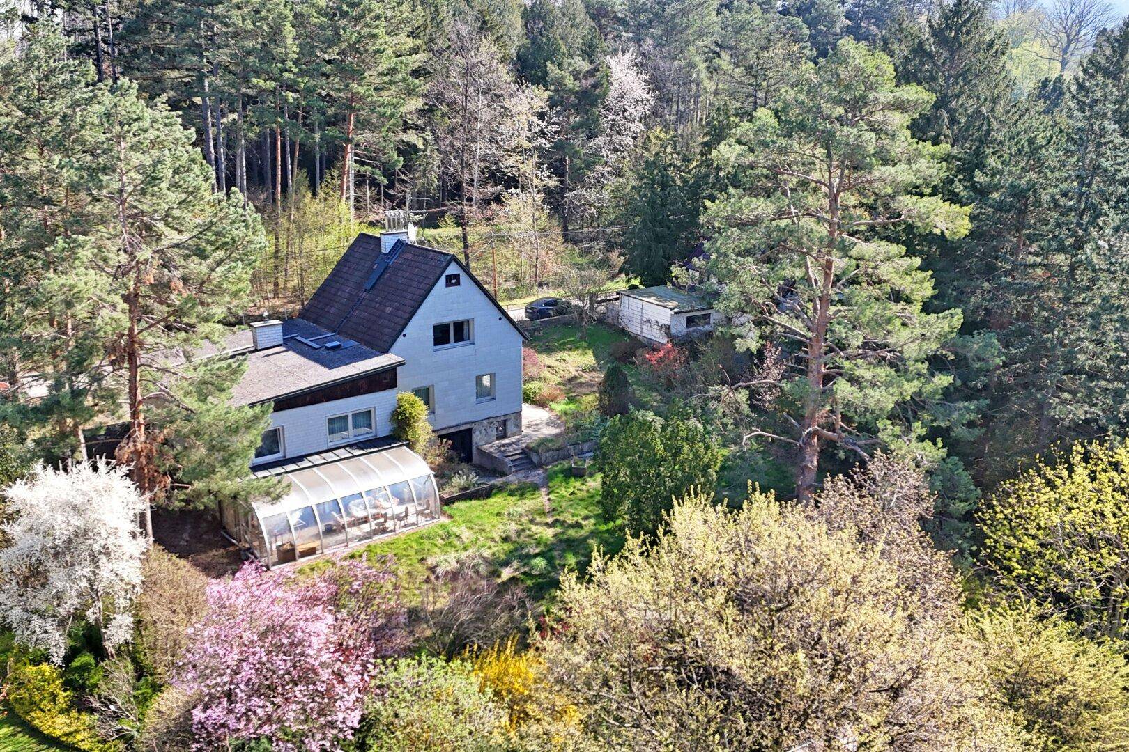 Weitläufige Ansicht des Hauses mit Wintergarten und großem Grundstück, umgeben von Wald.