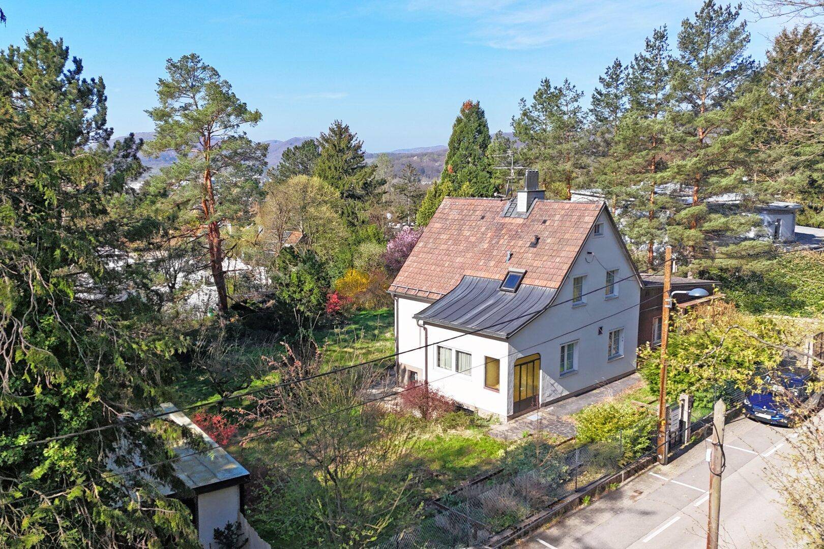 Luftaufnahme des Hauses mit Satteldach, umgeben von dichtem Baumbestand und einer Straße.
