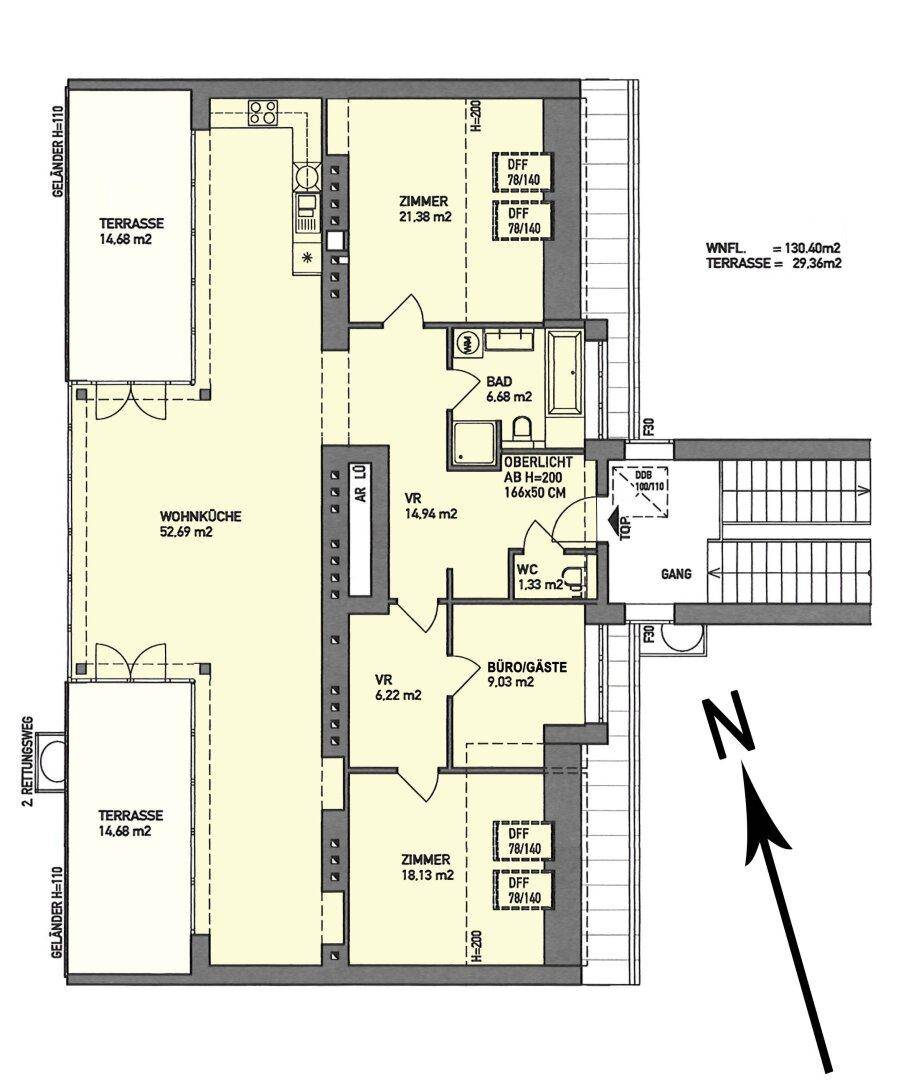 Grundriss der Wohnung mit Wohnküche, zwei Terrassen und mehreren Zimmern, inklusive Maßen.
