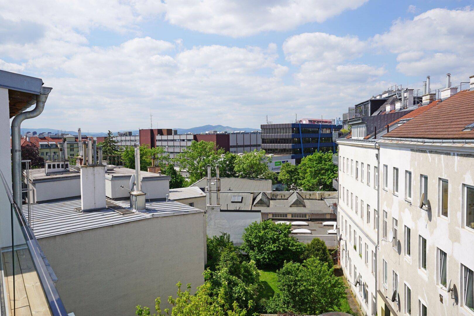 Weitläufiger Blick von der Dachterrasse über die Dächer der Stadt und grüne Bäume.