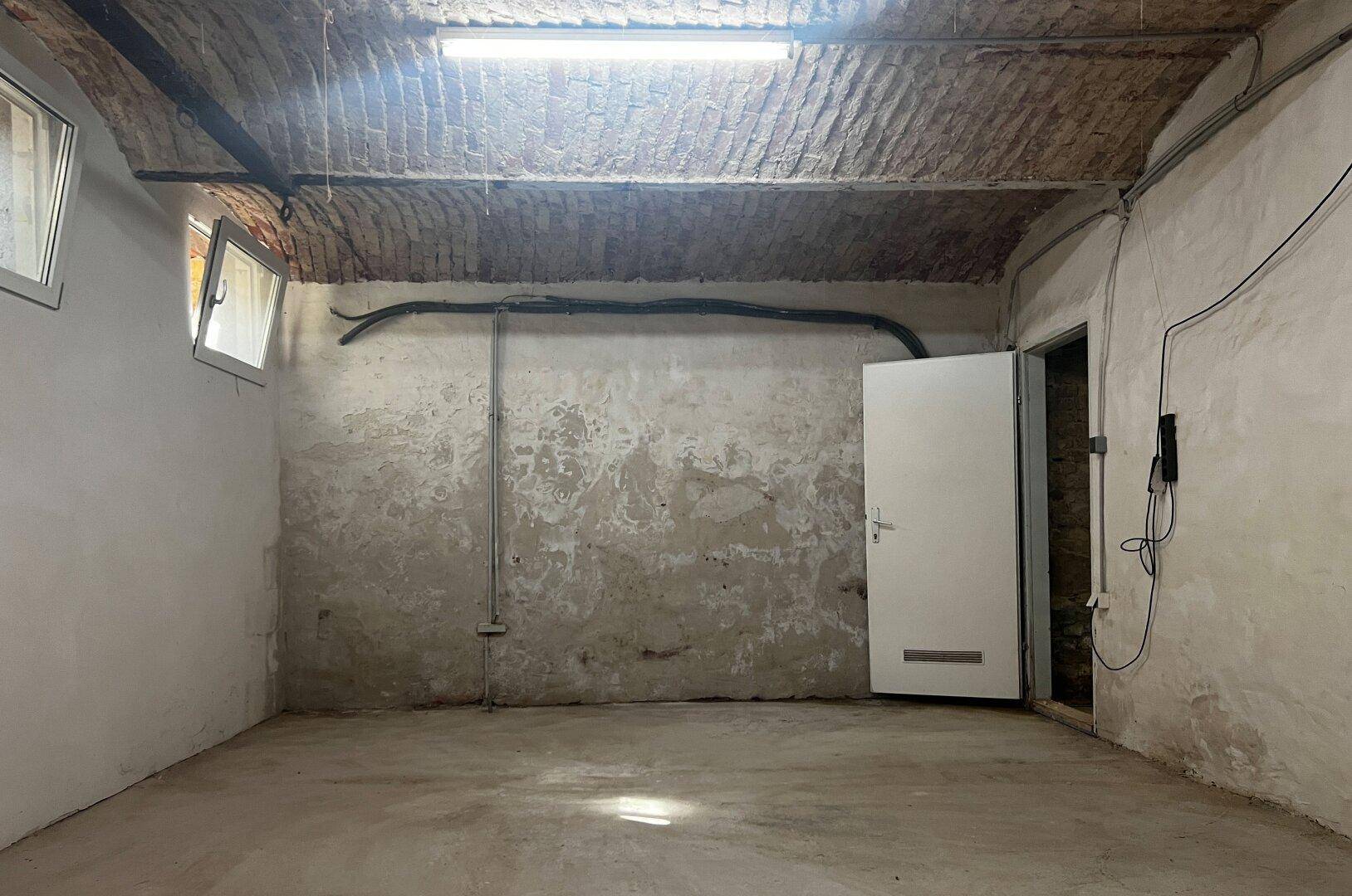 Geräumiger Kellerraum mit Ziegelgewölbedecke, Betonboden und einer offenen Tür, beleuchtet von Leuchtstoffröhren.