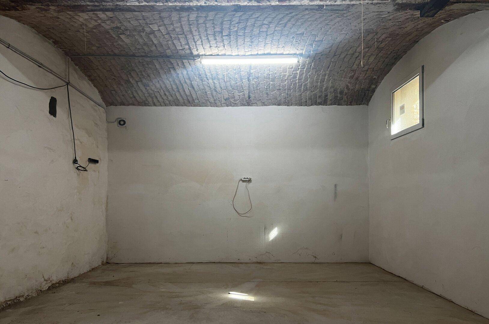 Kellerraum mit unverputzter Ziegelgewölbedecke, Betonboden und kleinen Fenstern, beleuchtet von Leuchtstoffröhren.
