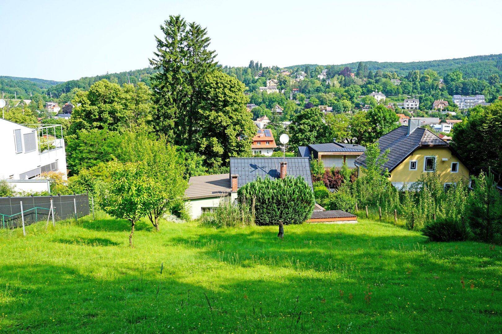 Weitblick über eine idyllische Wohngegend mit vielen Bäumen und Häusern in einer hügeligen Landschaft.