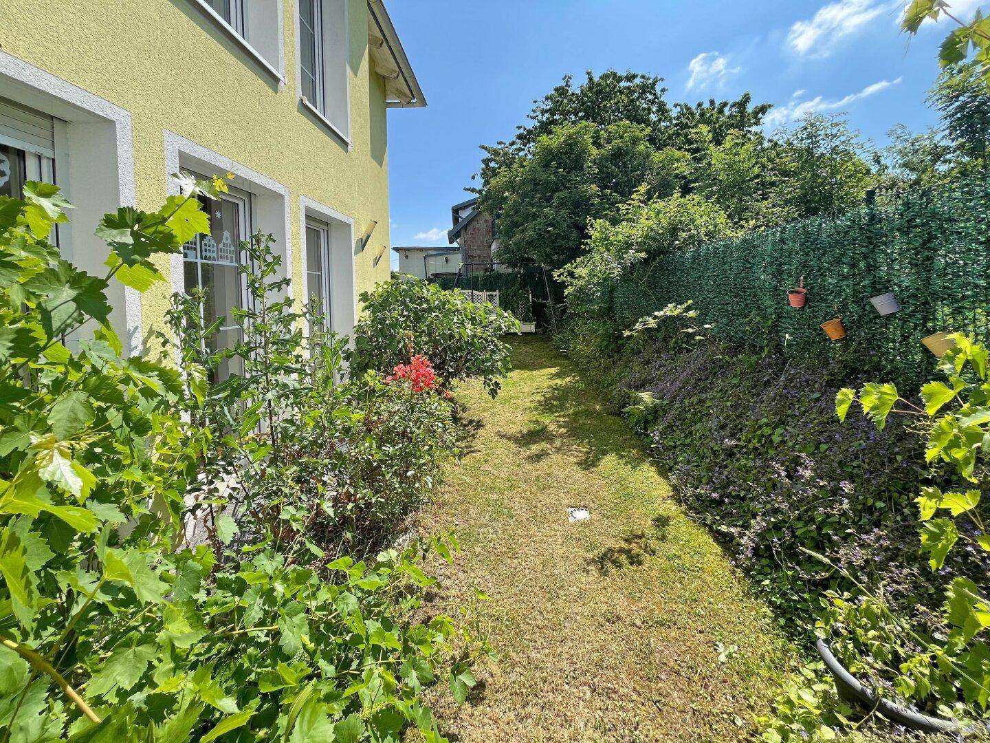 Schmaler Gartenweg entlang des Hauses mit üppiger Bepflanzung und grüner Hecke.