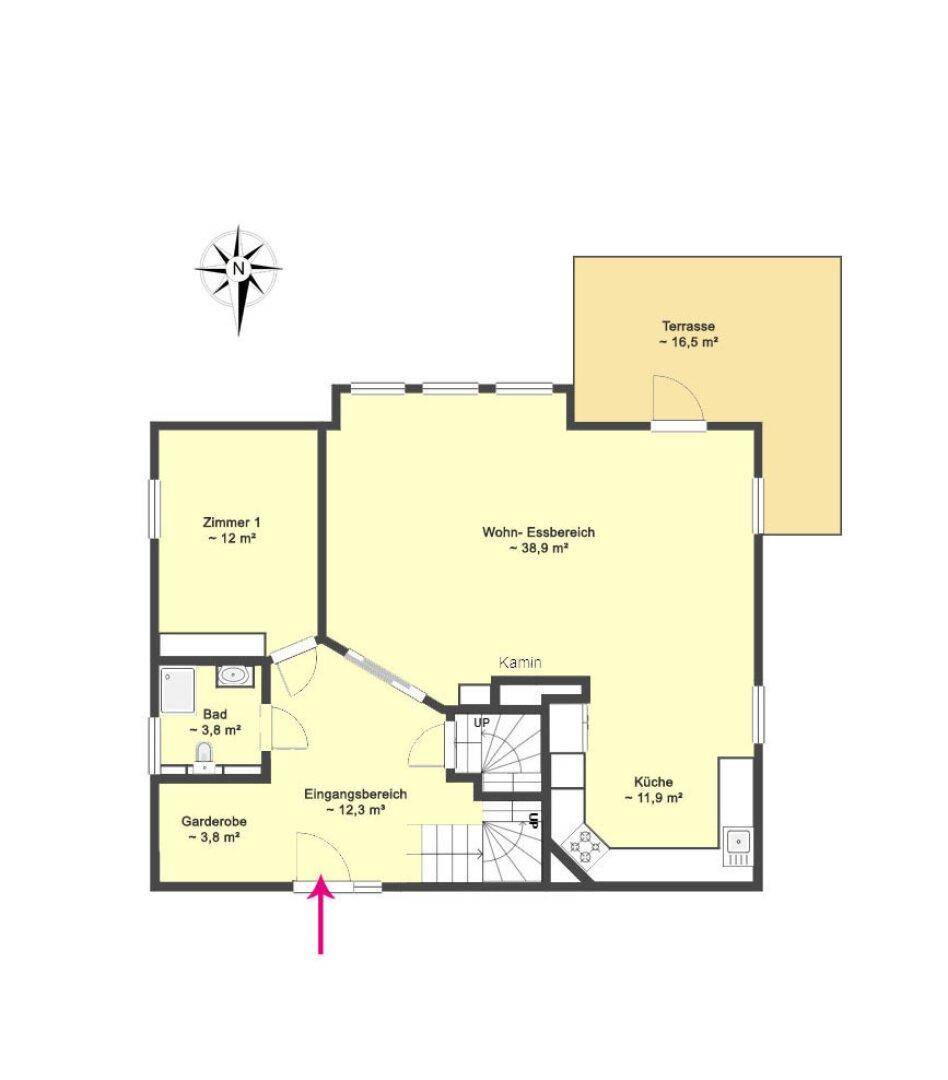 Grundriss des Erdgeschosses mit Wohn-Essbereich, Küche, Bad und Zugang zur Terrasse.