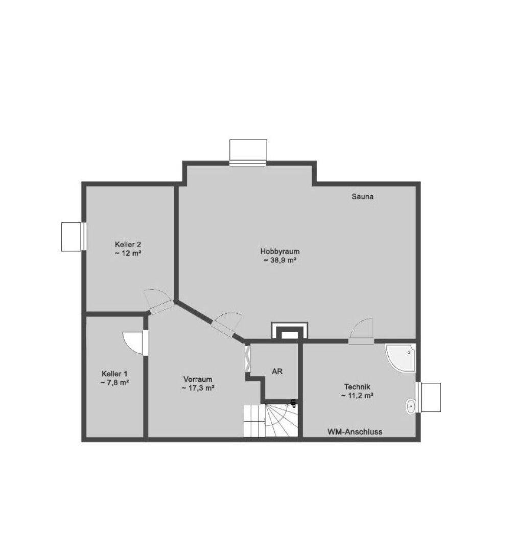 Grundriss des Kellergeschosses mit Hobbyraum, Kellerräumen, Technik und Sauna.