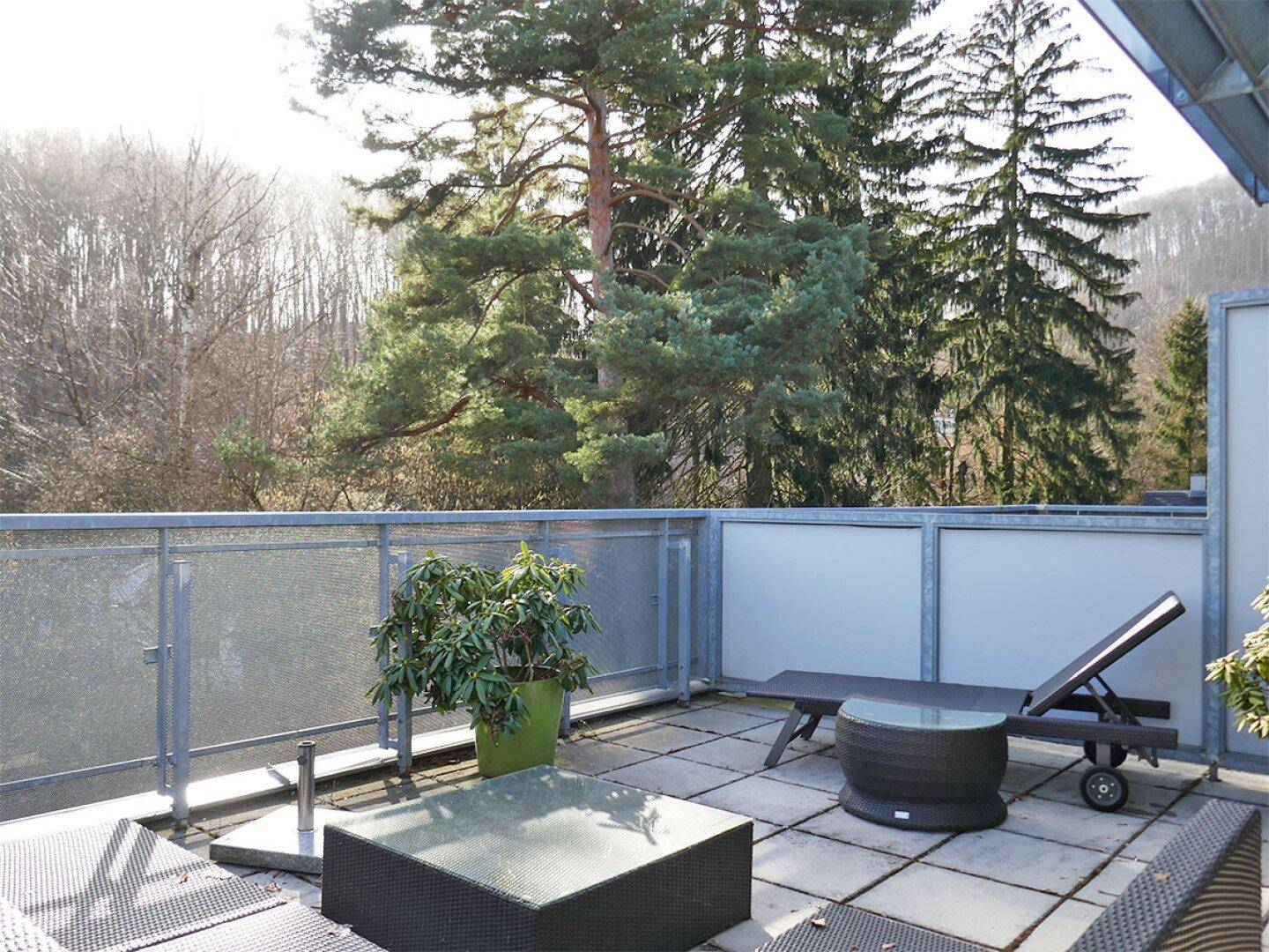 Geräumige Terrasse mit Liegestuhl und Sitzgelegenheiten, umgeben von hohen Bäumen.