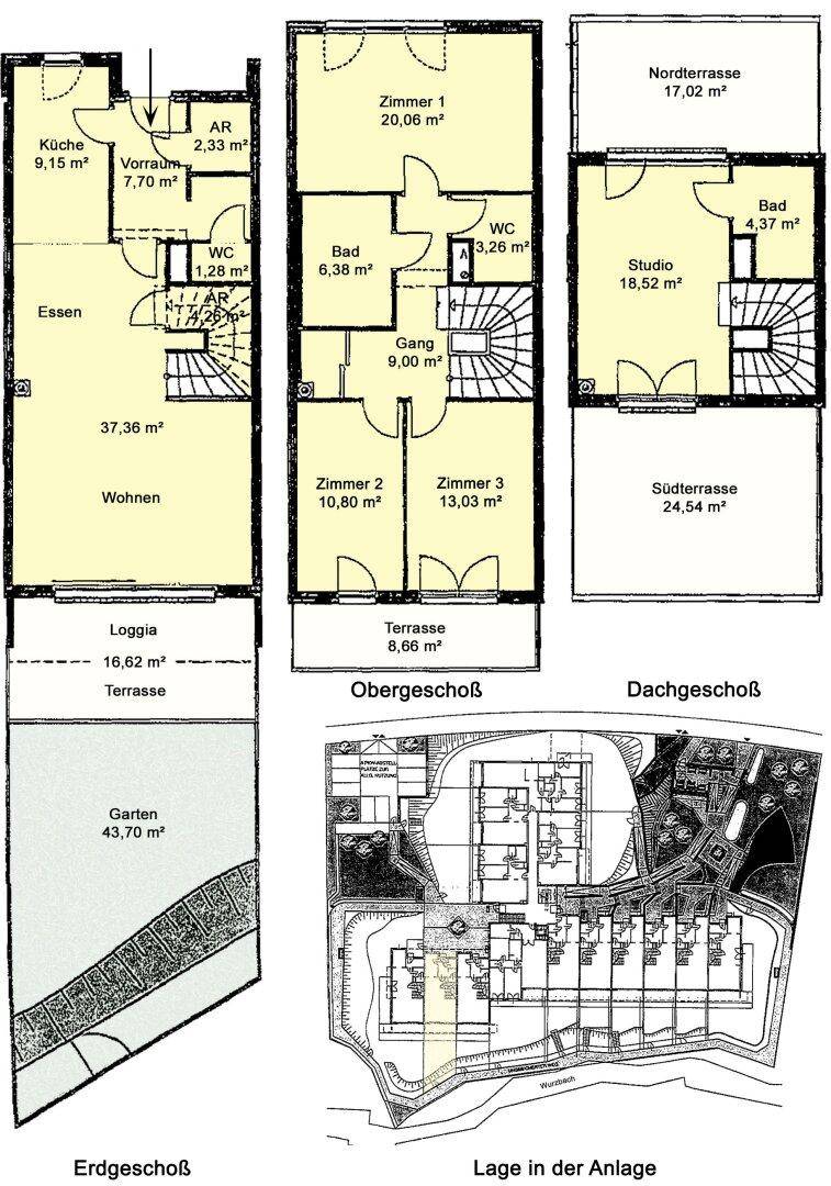 Detaillierter Grundriss des Hauses mit Erdgeschoss, Obergeschoss und Dachgeschoss.