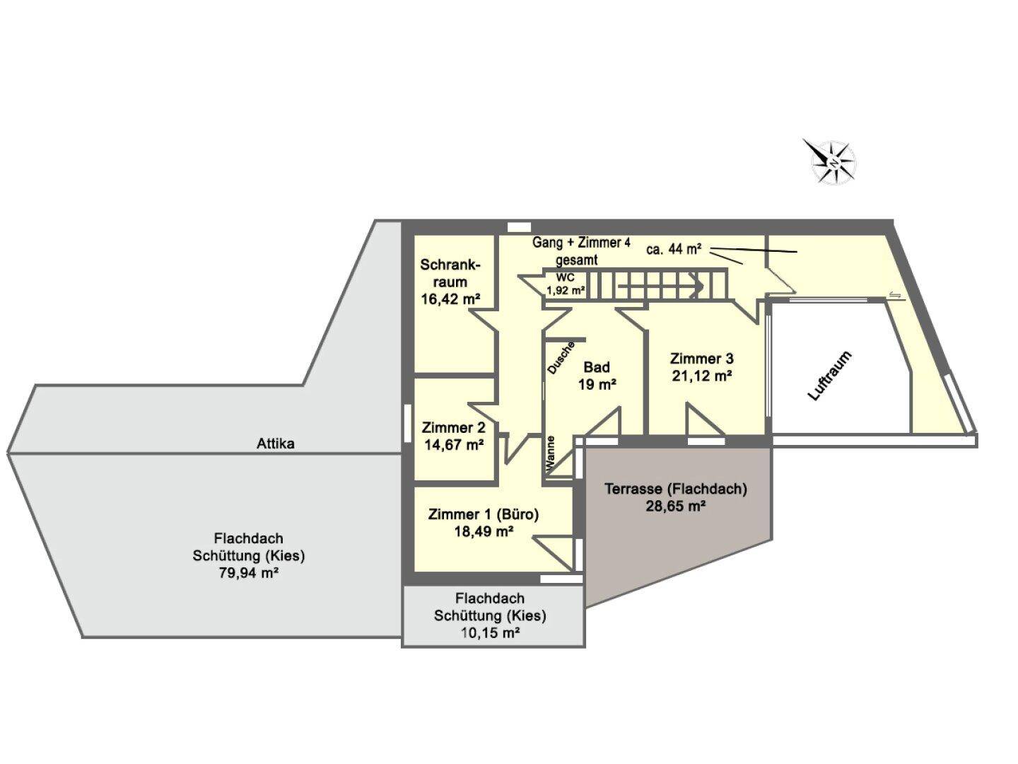Grundriss des Obergeschosses mit mehreren Zimmern, Bad, Schrankraum und Dachterrasse.