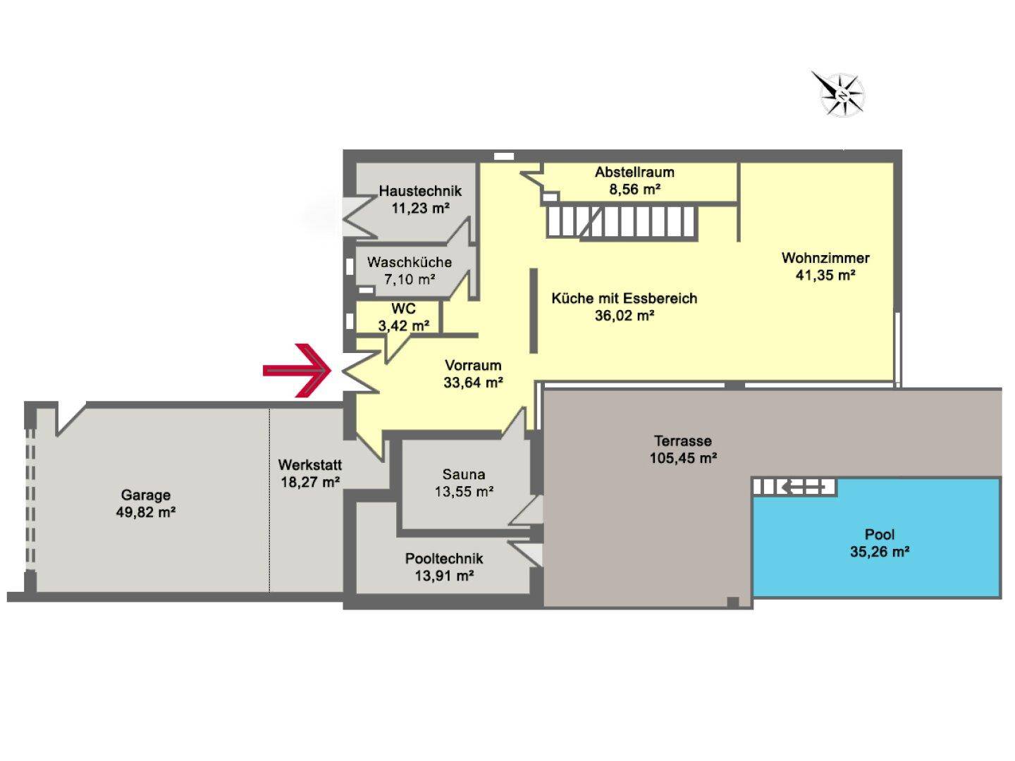 Grundriss des Erdgeschosses mit Wohnzimmer, Küche, Sauna und direktem Poolzugang.