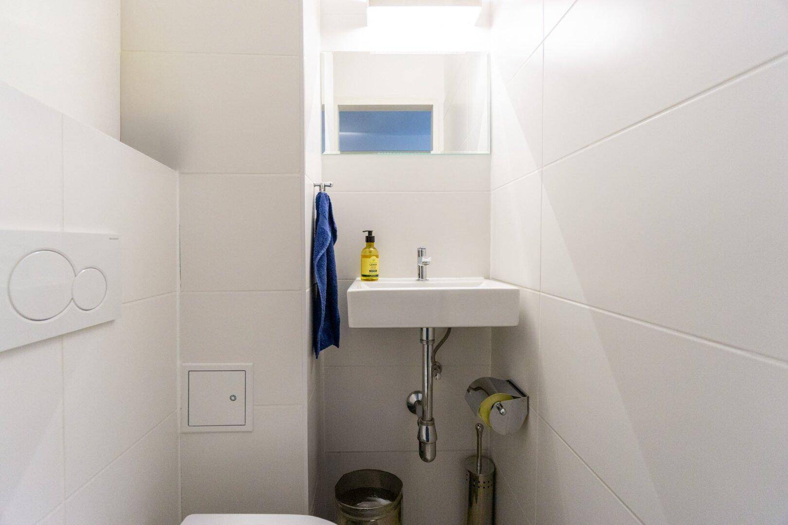 Modernes Gäste-WC mit Wand-WC und kleinem Waschbecken.