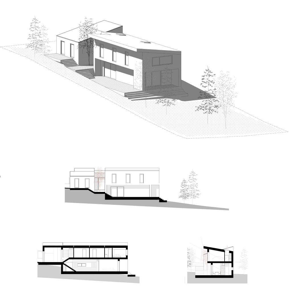 Architektonische Zeichnungen eines modernen Hauses mit mehreren Ebenen und Terrassenbereichen.