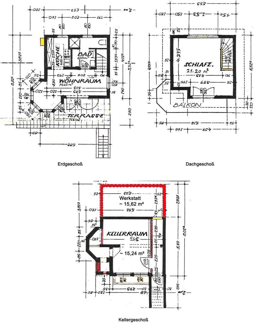 Detaillierter Grundriss des Erdgeschosses, Dachgeschosses und Kellergeschosses mit Raumaufteilung.