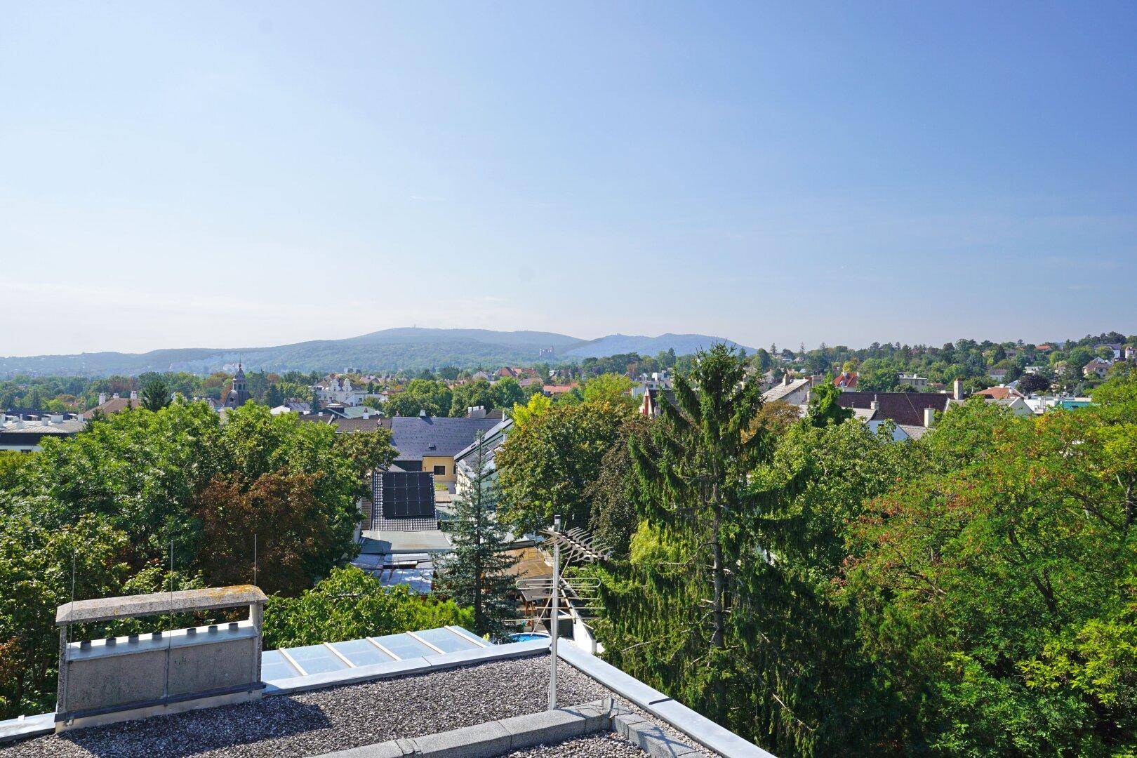 Weitläufiger Blick über die Stadt und grüne Hügel bis zu den fernen Bergen.