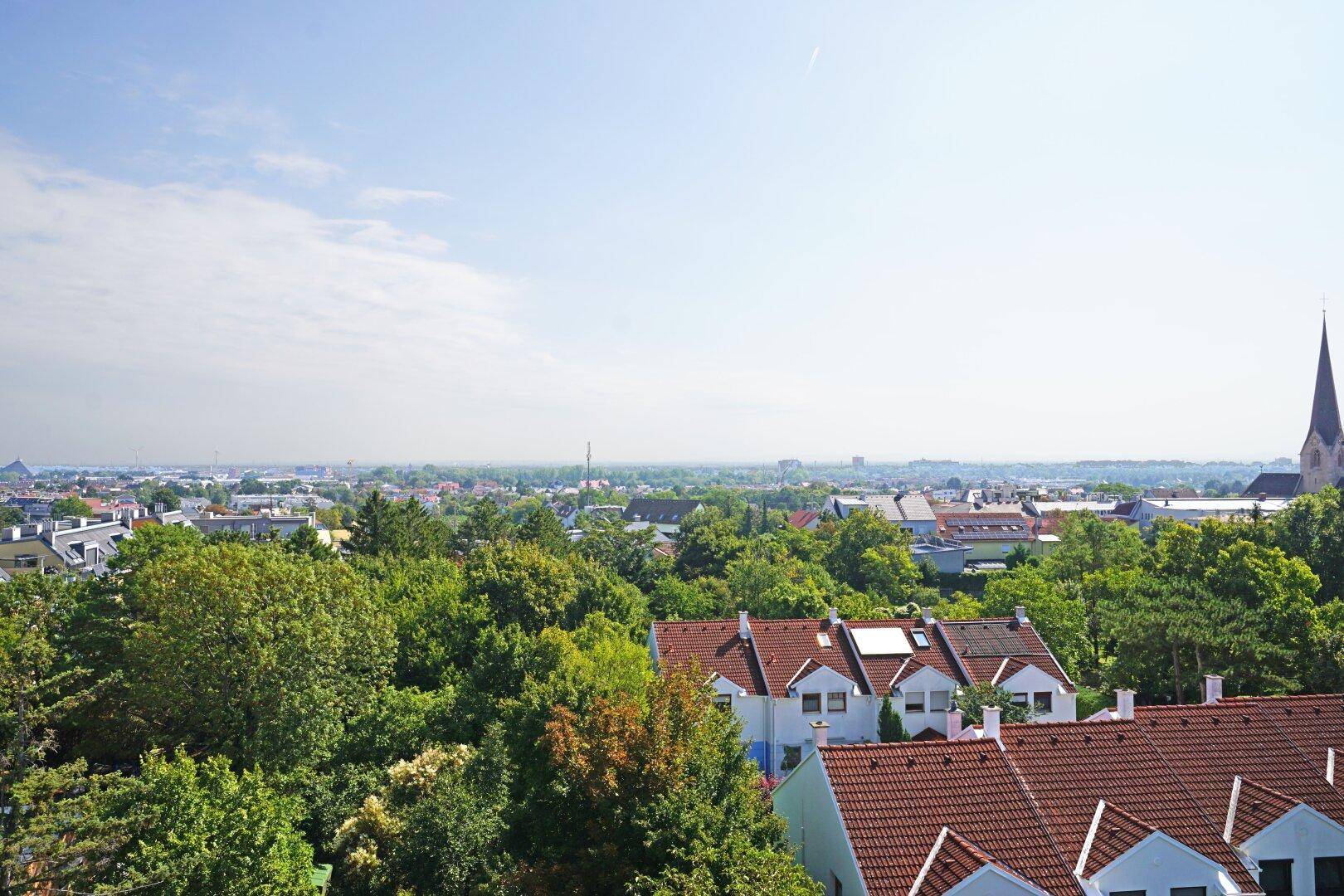 Panoramablick über die Stadt mit Wohngebäuden, Kirchturm und üppiger Vegetation.