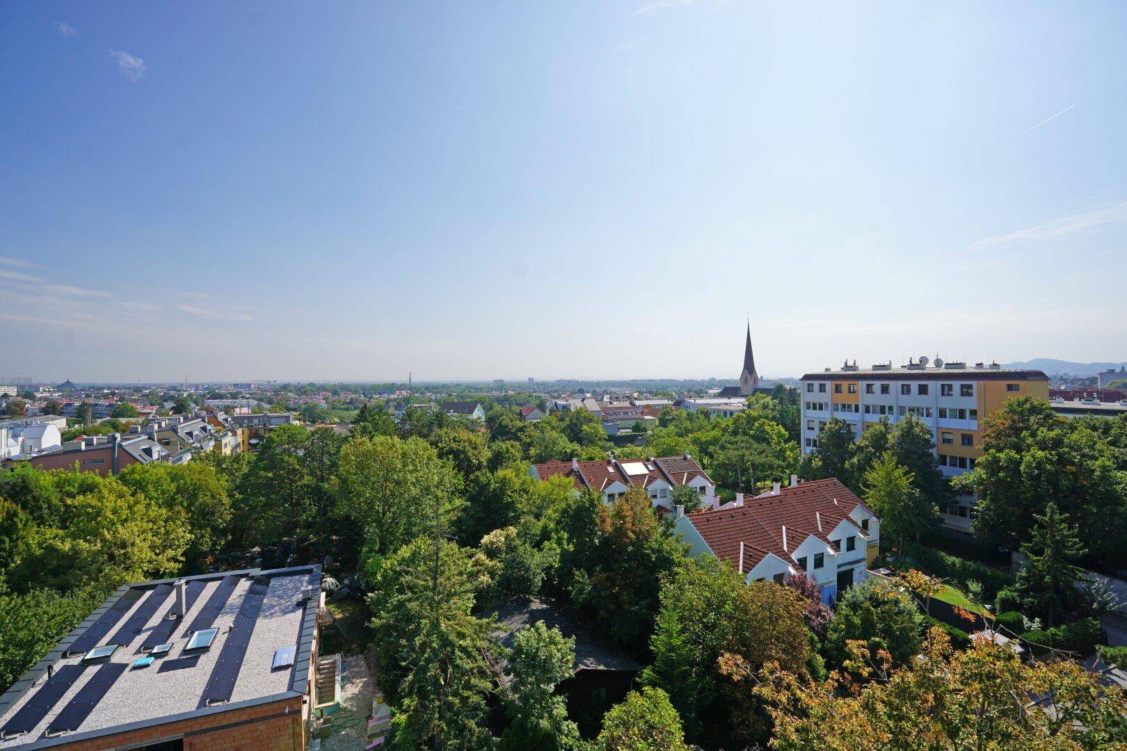 Panoramablick über die Stadt mit Wohngebäuden, Kirchturm und üppiger Vegetation.