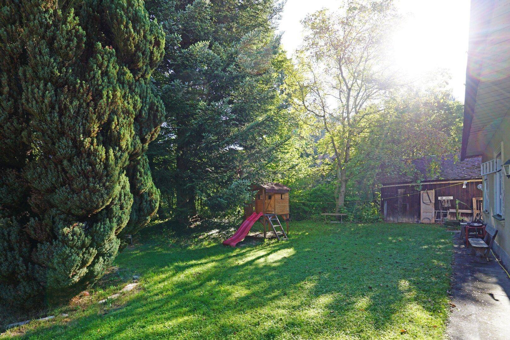 Sonnige Rasenfläche im Garten mit hohen Bäumen und einem Spielhaus mit Rutsche für Kinder.