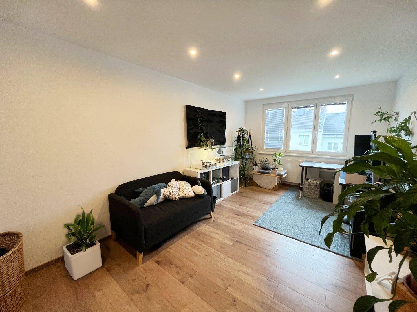Gemütliches Wohnzimmer mit Holzboden, Sofa, vielen Pflanzen und einem Arbeitsbereich am Fenster.