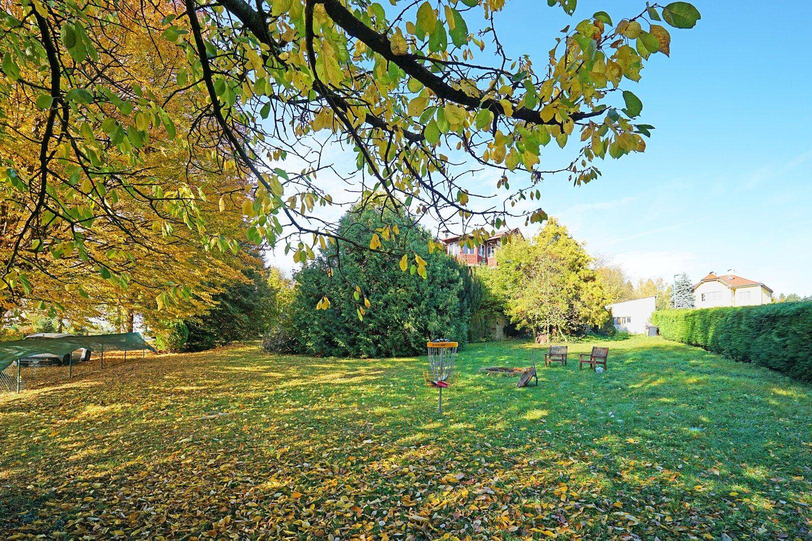 Herbstlicher Gartenbereich mit bunten Blättern auf dem Rasen und Sitzgelegenheiten im Hintergrund.