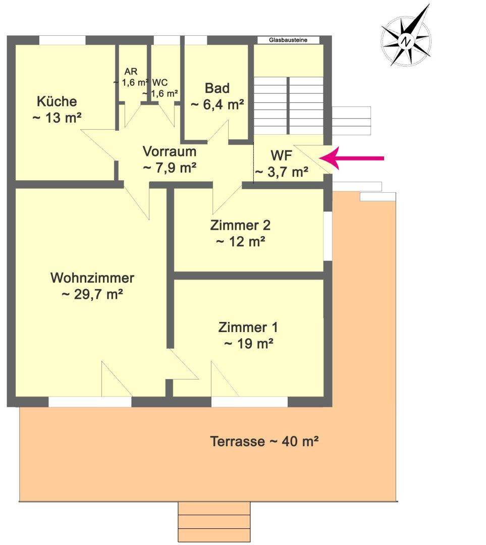 Grundriss des Erdgeschosses mit Küche, Wohnzimmer, zwei Zimmern und großer Terrasse.