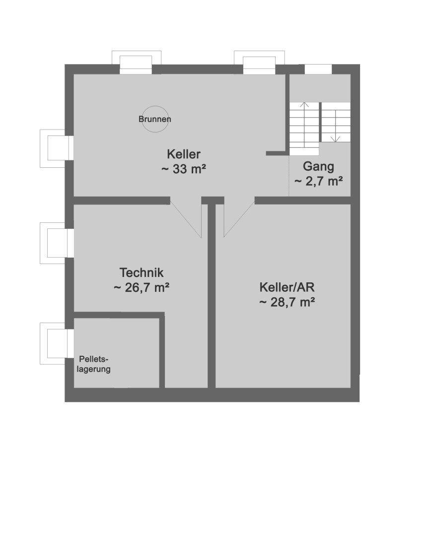 Grundriss des Kellers mit Technikraum, Lagerflächen und Brunnen.