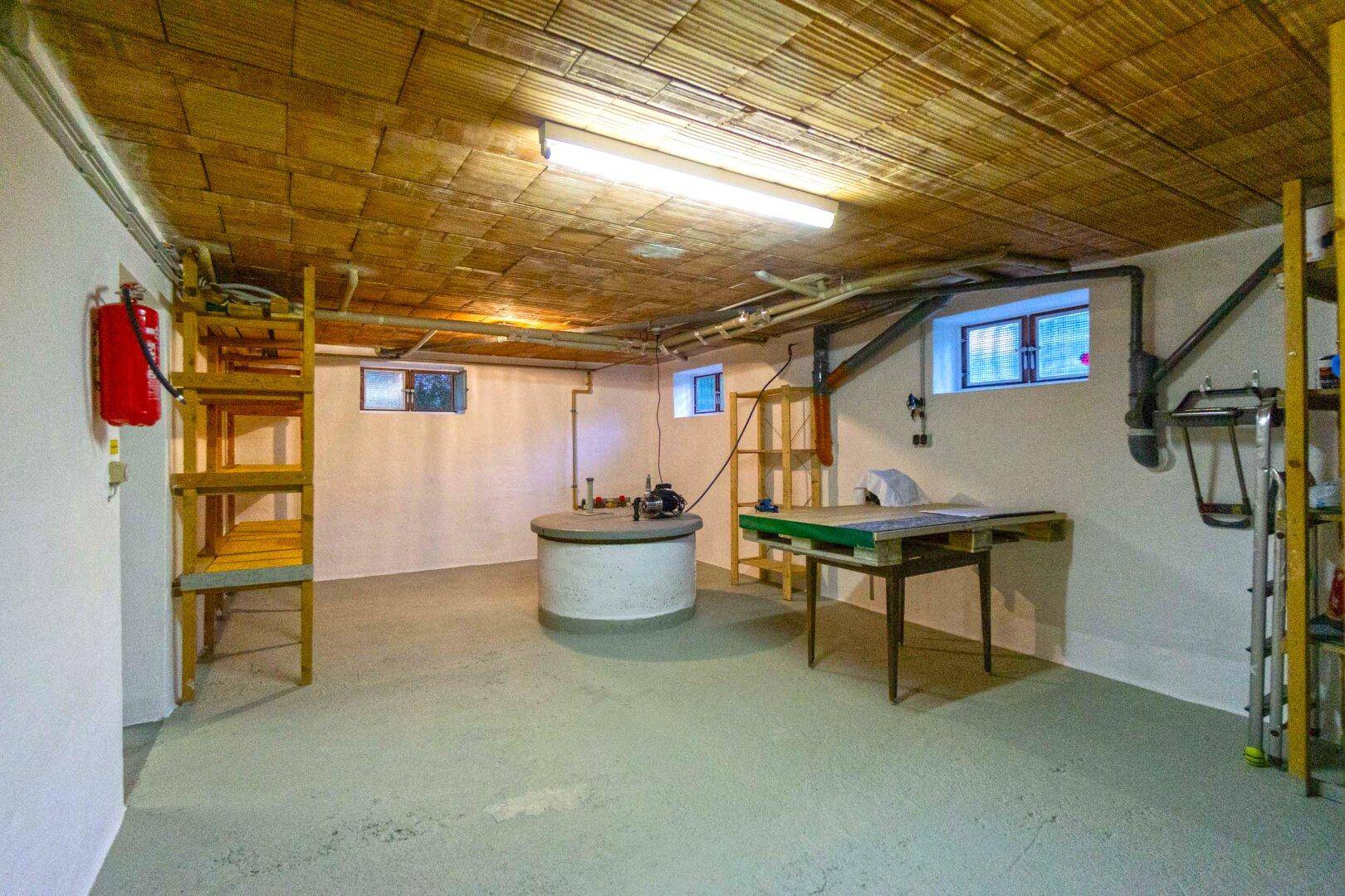 Kellerraum mit Betonboden, Regalen und sichtbaren Installationen, ideal als Lagerfläche.