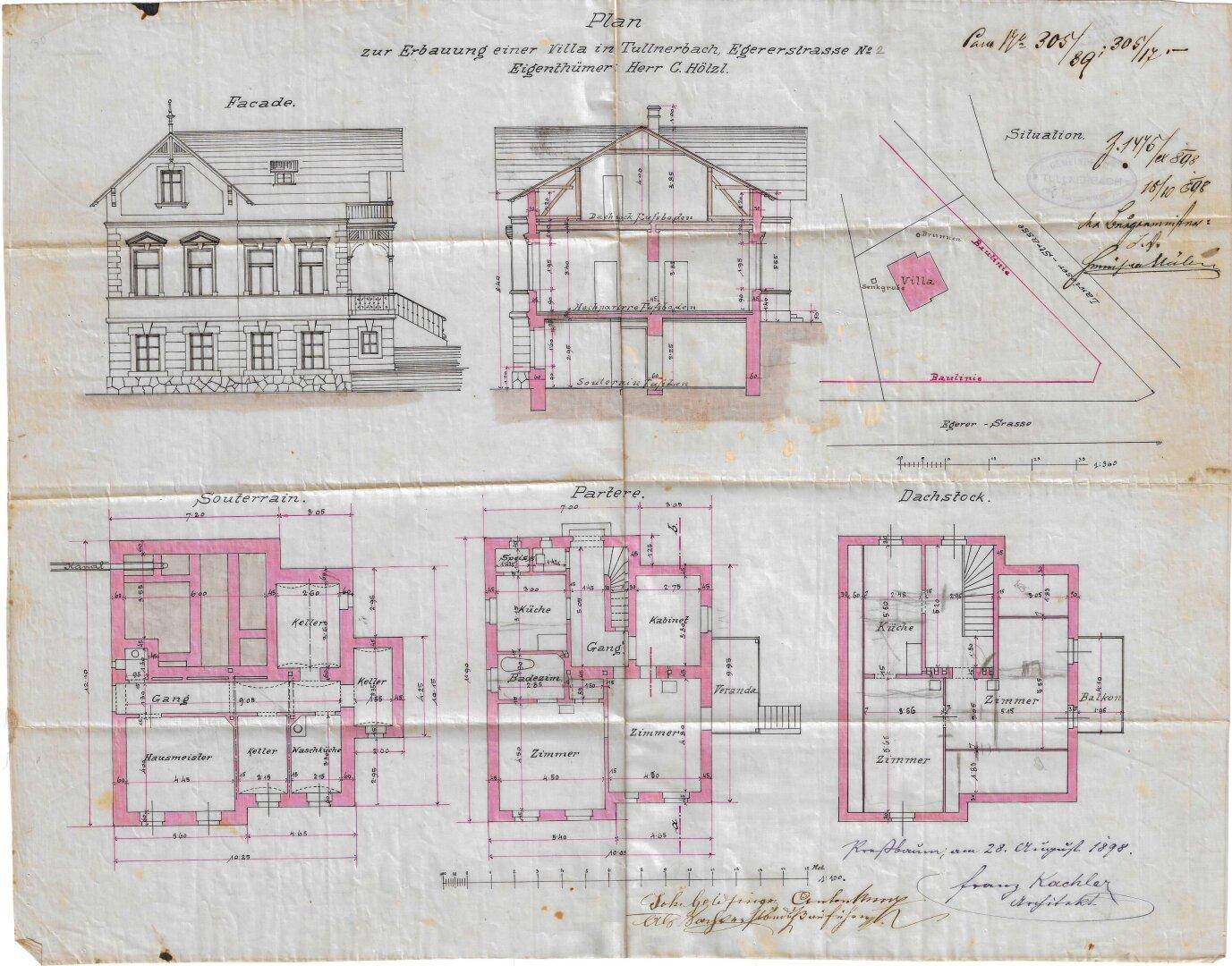 Historischer Bauplan der Villa mit Grundrissen des Souterrains, Parterres und Dachstocks.