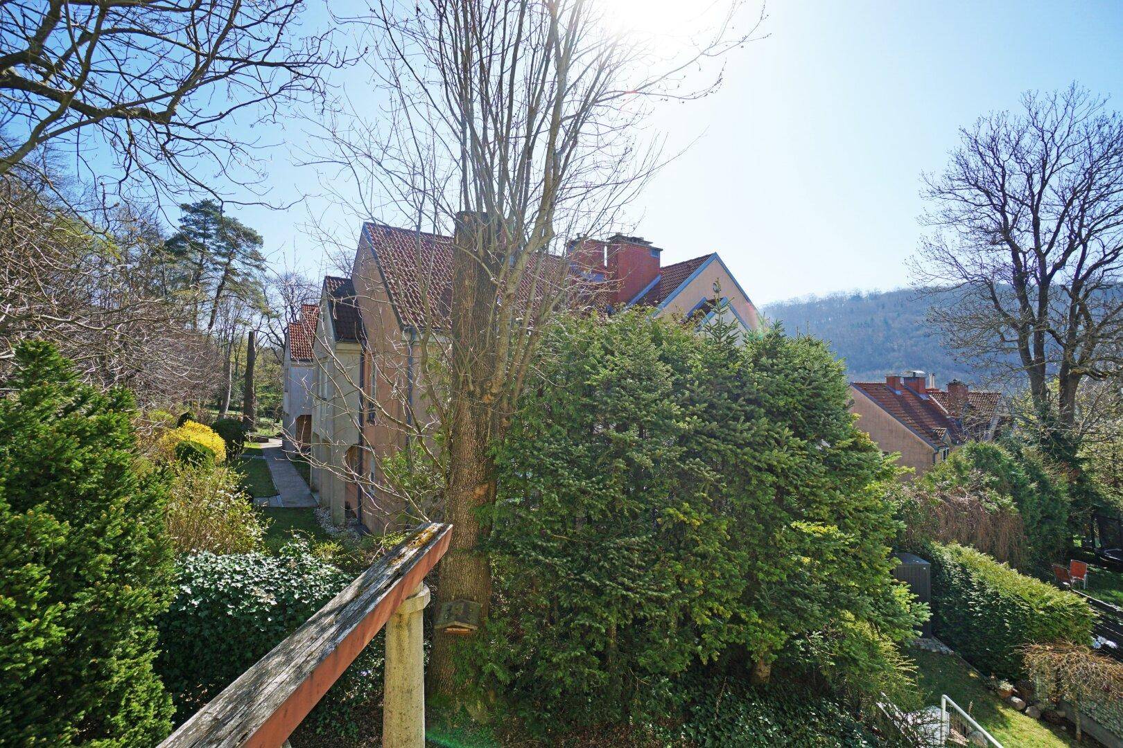 Blick auf die umliegende Wohngegend mit weiteren Häusern und bewaldeten Hängen.