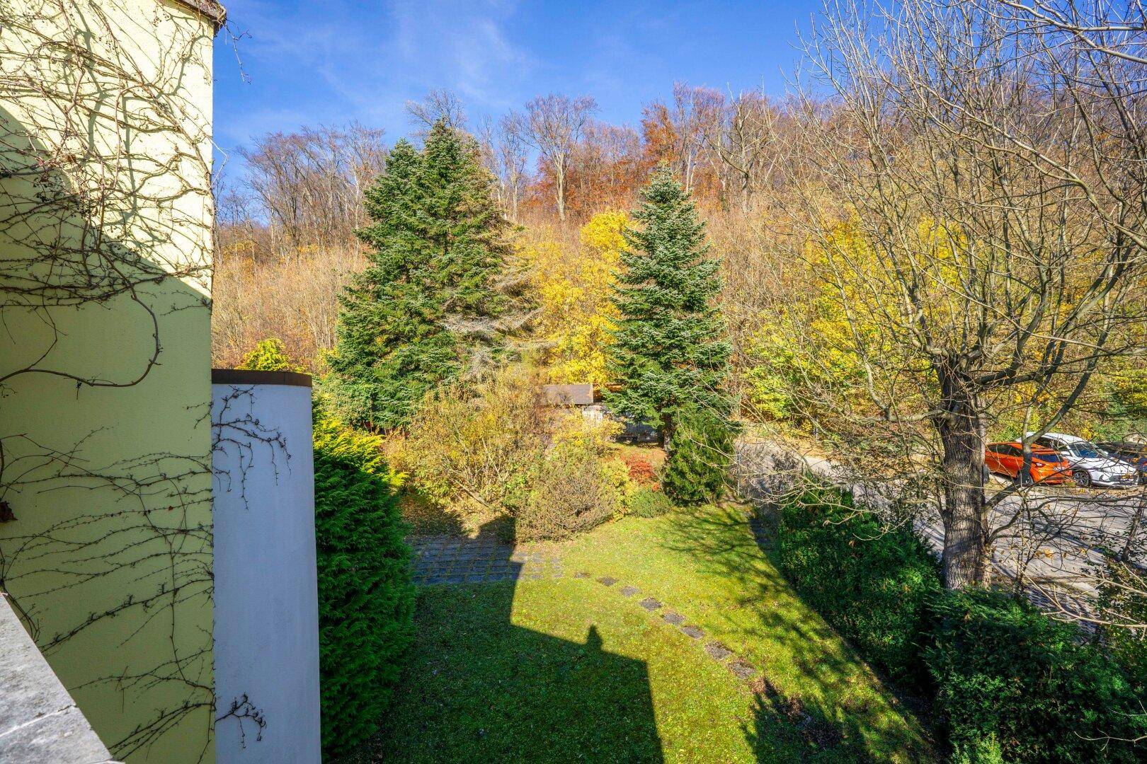 Blick von oben auf den Gartenbereich mit üppiger Vegetation und Parkplätzen.
